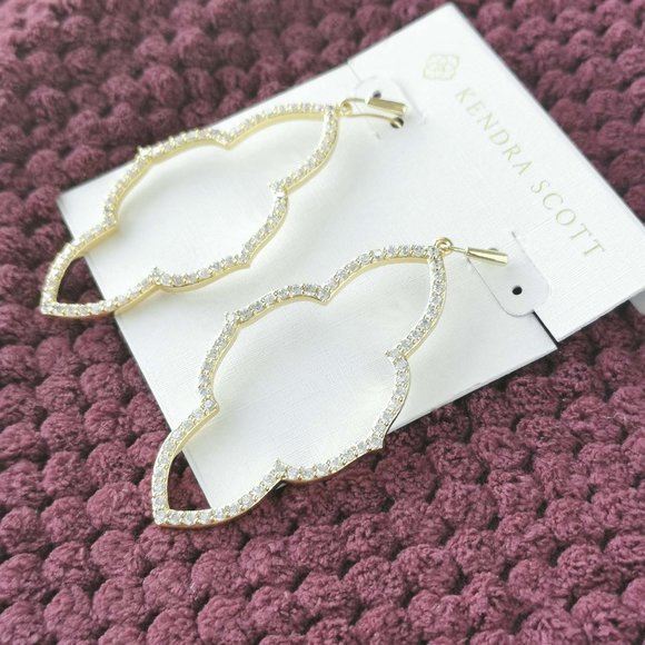 Kendra Scott White Crystal Abbie Gold Open Frame Earrings NEW WITH POUCH - Picture 2 of 3